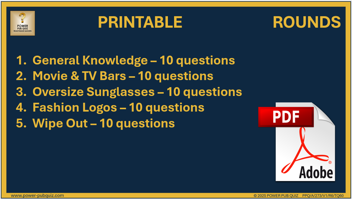 B273 Pub Quiz (09 Feb 2025) - Printable PDF Format