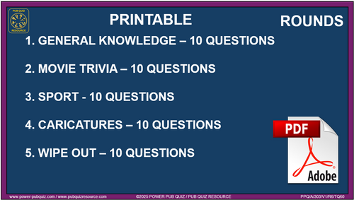 B303 Pub Quiz (07 Sept 2025) - Printable PDF Format