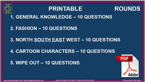 B309 Pub Quiz (19 Oct 2025) - Printable PDF Format