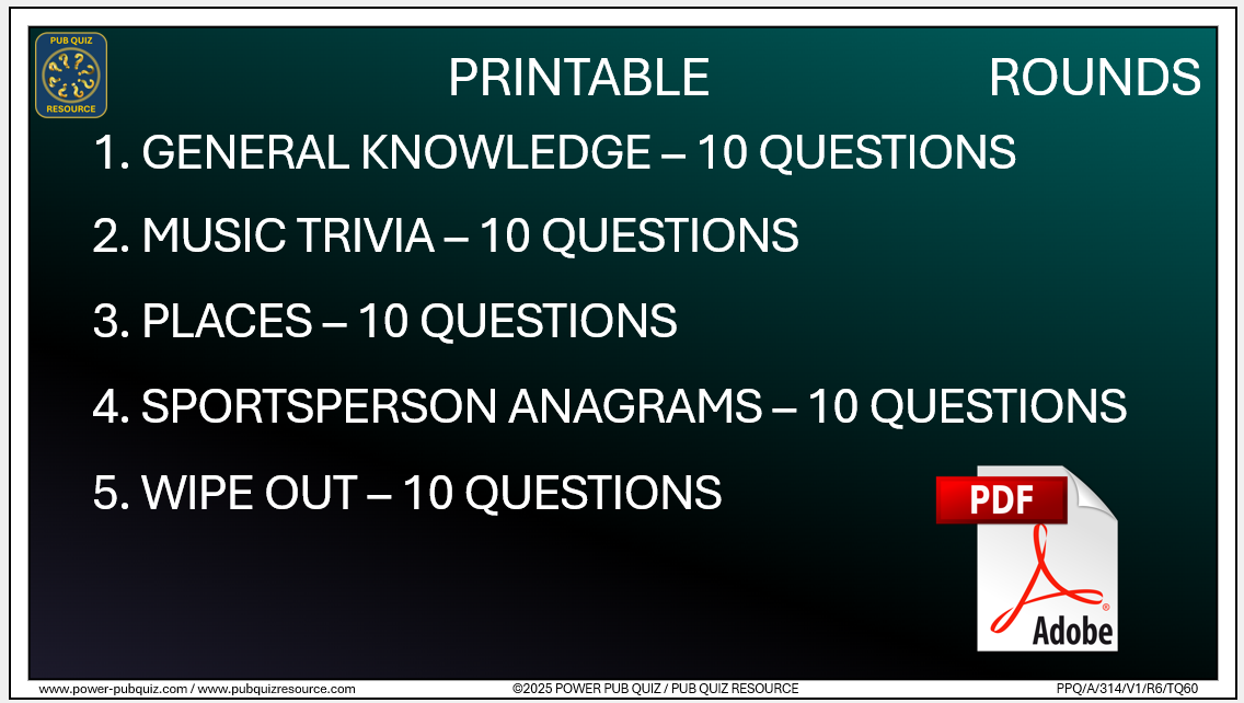 B314 Pub Quiz (23 Nov 2025) - Printable PDF Format